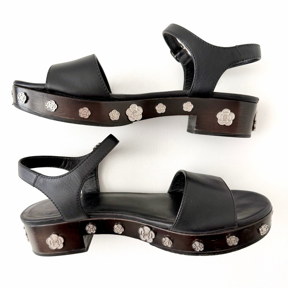 CHANEL | Camellia Logo Wood Platform Clog Sandals Black Calfskin Ankle Strap 39 - Picture 4 of 13